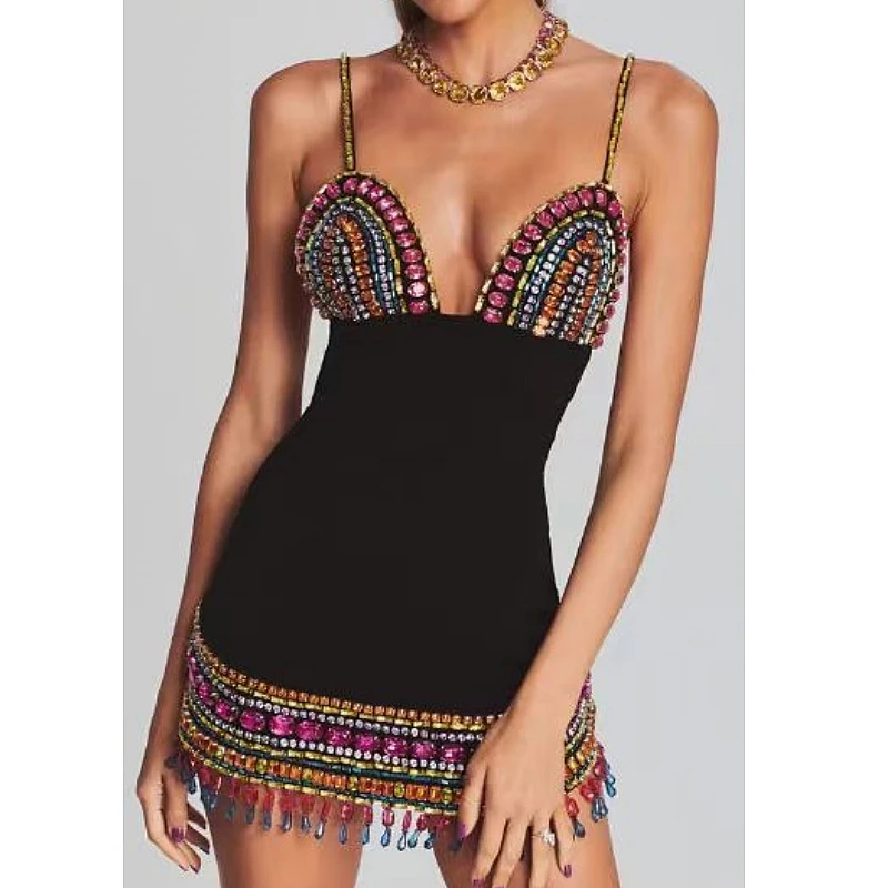 

Black Color Women Sleeveless Sexy V-Neck Bodycon Mini Bandage Dress Colorful Crystal Celebrate Nightclub Party Red Carpet Dress