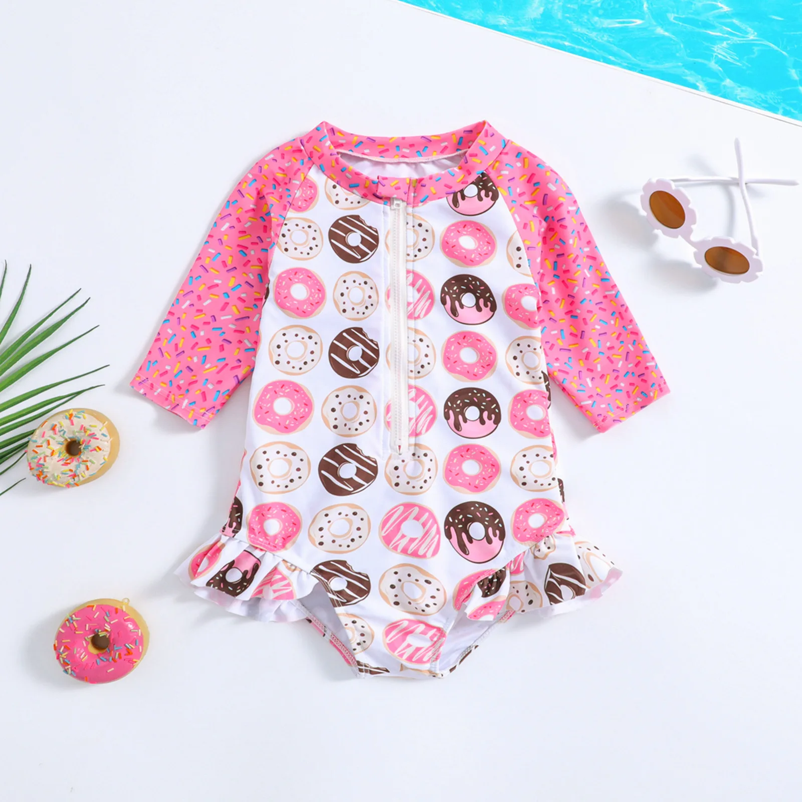 Baby one piece swimsuit with donut cartoon print,mid sleeve zipper ruffle,suitable for seaside and pool play