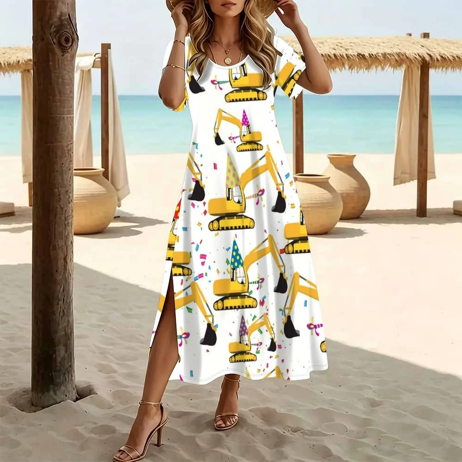 Excavator Construction Truck Party Pattern Women's Round Neck Short Sleeve Split Long Dress