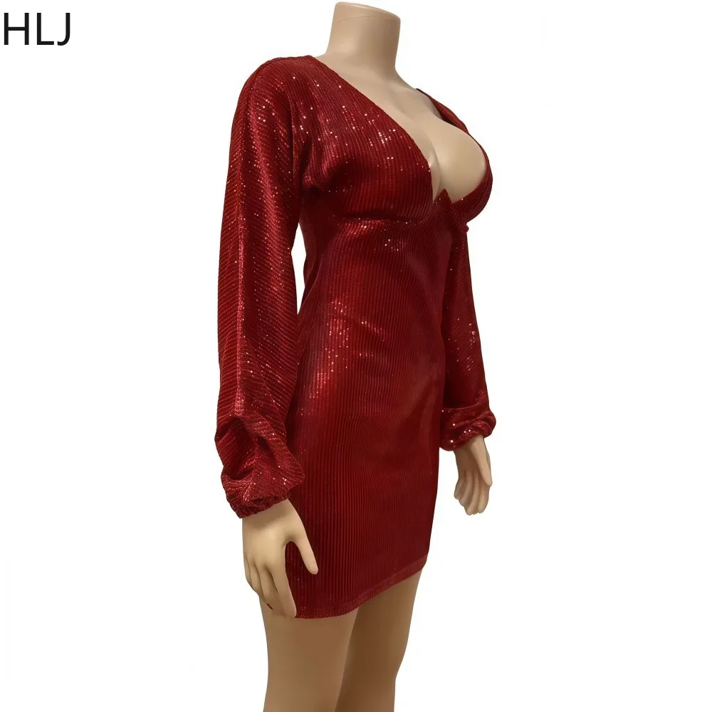 HLJ Sexy Sequined Patchwork Bodycon Dresses Women Deep V-Neck Lantern Sleeve Shining Dress Female Streetwear Vestidos 2025 New