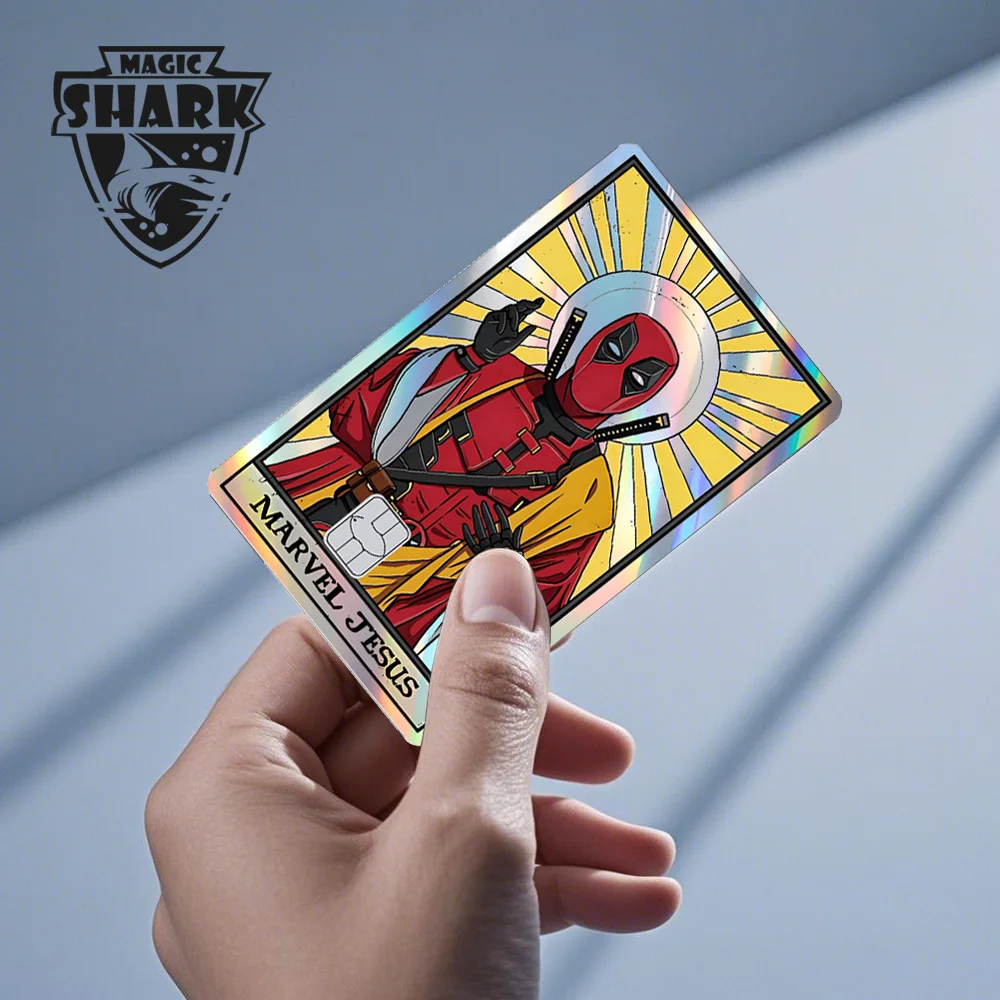 Geen vervaging Deapool Venom Spiderman Captain American Ironman Glanzend Holografische Sticker Film Skin voor Debet Creditcard