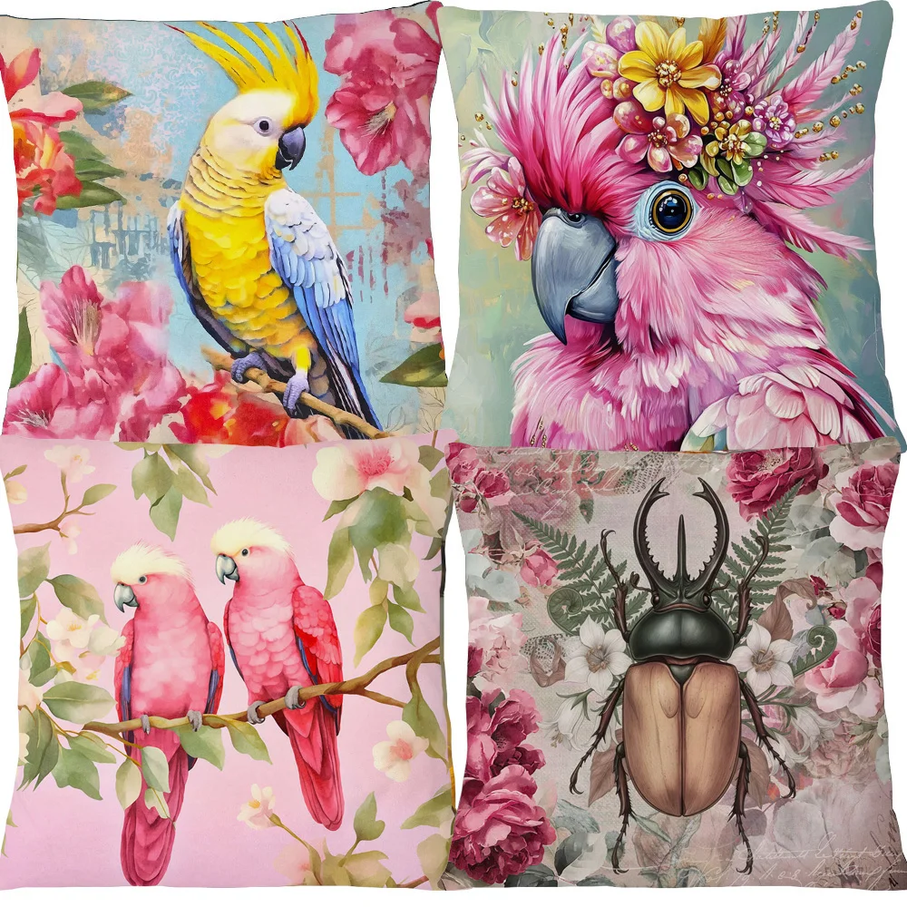 Tropical Jungle Birds Parrots Tiger Cushion Cover Green Plants Floral Art Pillow Case