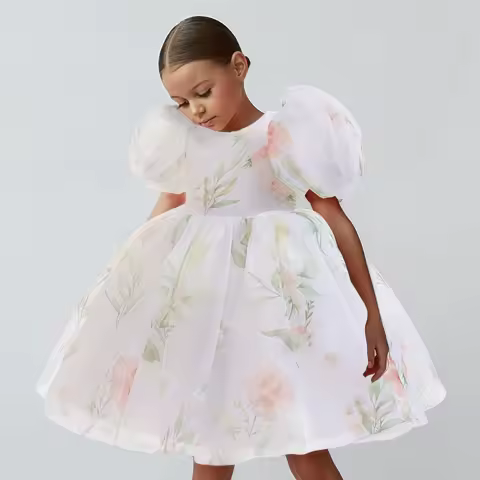 Fashion Flower Bridesmaid Girl Party Dress Elegant White Wedding Evening Princess Prom Dress Kids Puff Sleeve Birthday Ball Gown