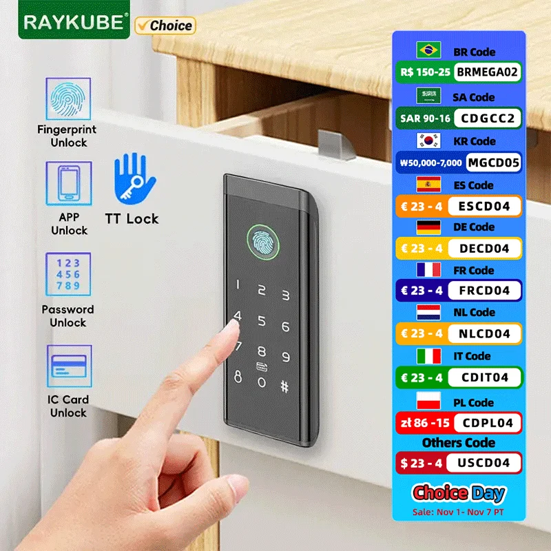 Raykube tt lock bluetooth keyless inteligente de madeira impressão digital armário bloqueio gaveta elétrica para ginásio/armazenamento em casa
