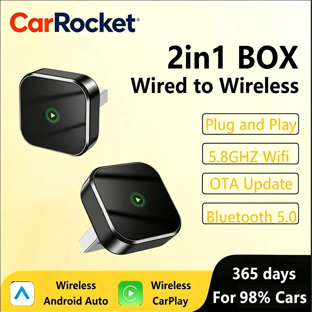 

Беспроводной адаптер CarRocket 2-в-1 для CarPlay и Android Auto, умный AI-бокс для интеллектуальных автомобильных систем, совместимый с автомобилями с проводным CarPlay