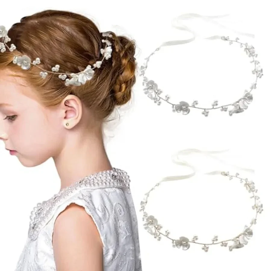 

2PCS Bridal Pearl Flower Headpiece Headband Princess Flower Crown Headpiece with Pearls Flower Girl Headpiece
