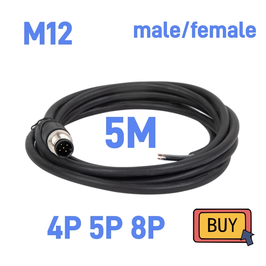 M12 Sensor Connector 2pcs 5m Cable Waterproof plug Male&Female 4P 5P 8Pin +5m PVC line A Type angle & straight