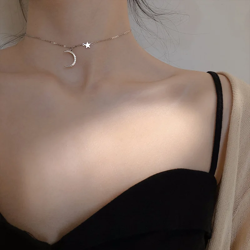 S925 sterling silver necklace high sense moon star necklace simple collarbone chain personality temperament