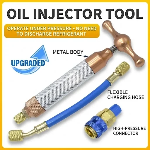 YGTITAN HVAC Refrigerant Oil Injector, A/C Freon Charging Tool with Quick Coupler & Hose, No Refrigerant Loss