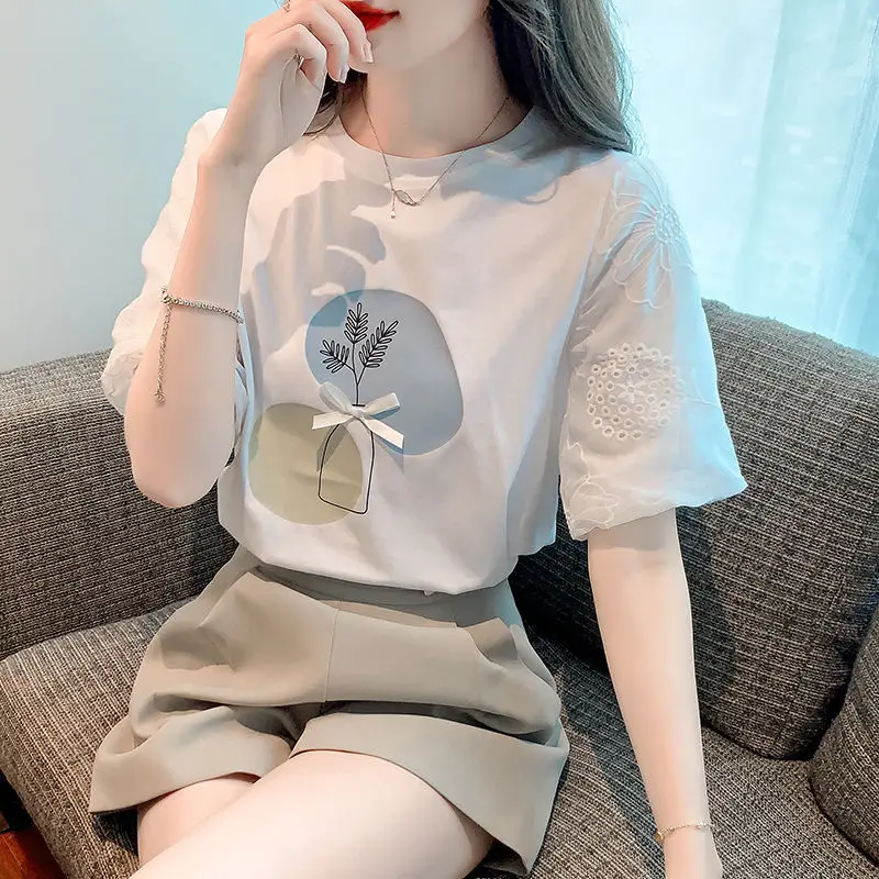 Sweet O-Neck Printed Spliced Bow Puff Sleeve Blouses Female Clothing 2025 Summer New Loose Korean Pullovers Tops Casual Shirts