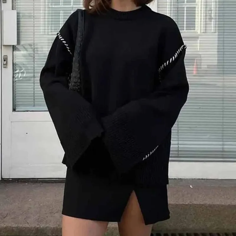 Deeptown Black Basic Sweater Women Harajuku Patchwork Turtleneck Korean Fashion Knit Pullover Oversized Autumn Casual Design