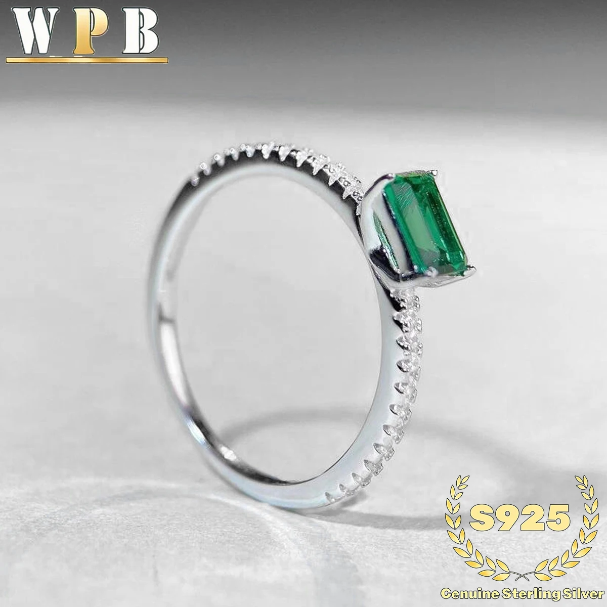 Luxury S925 Sterling Silver Emerald Cut Green Zircon Ring with Clear Zircon Accents, Minimalist Design for Daily and Formal Wear