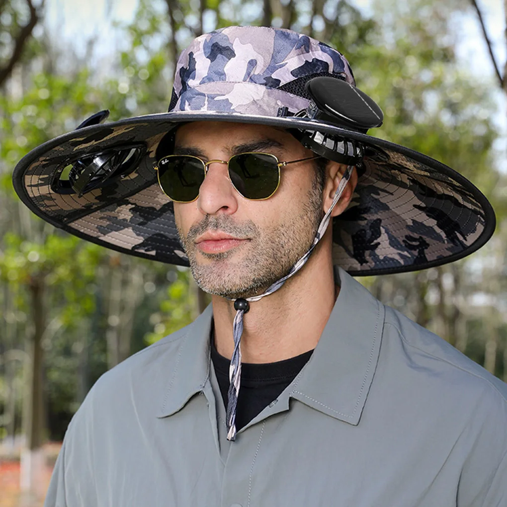 Men’S Summer Outdoor Mountain Climbing Fishing Sun Protection Super Wide Brim Uv Protection Fisherman Hat Solar Powered Fan Cap