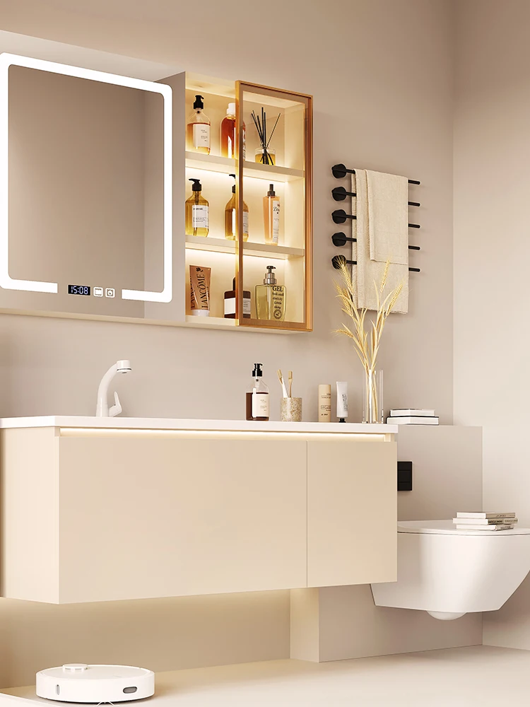 Black Slate Bathroom Vanity With Pop-Up Drawer Storage Slate Sink Smart Anti-Mist Bathroom Mirror
