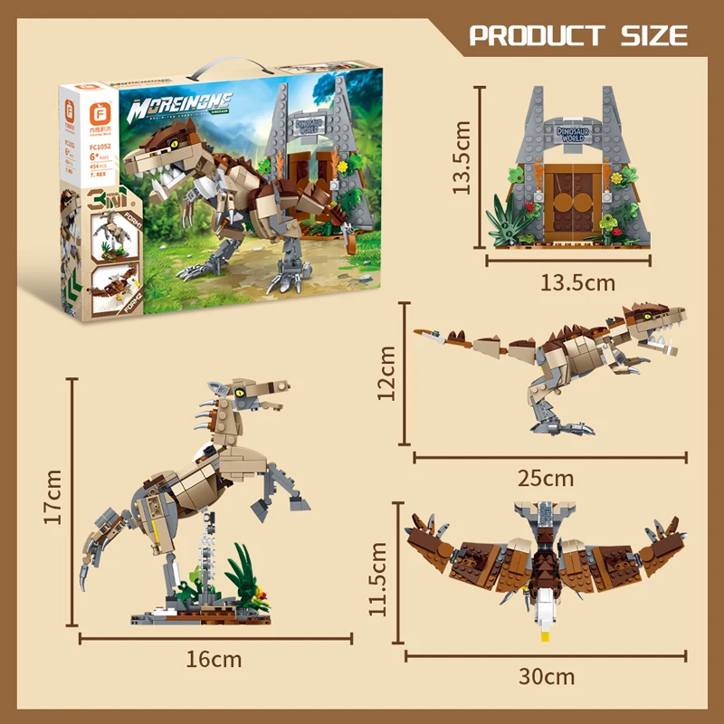 Ensemble de blocs de construction de dinosaures transformants 3 en 1, modèle t-rex préhistorique, briques d'animaux, jouet cadeau pour garçons et enfants