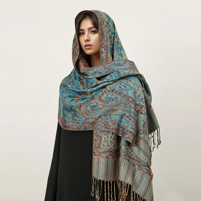 70*190cm Winter Warm Thick Ethnic Style Jacquard Scarf Women Travel Muslim Hijab Cashmere Tassel Shawl Wrap Pashmina