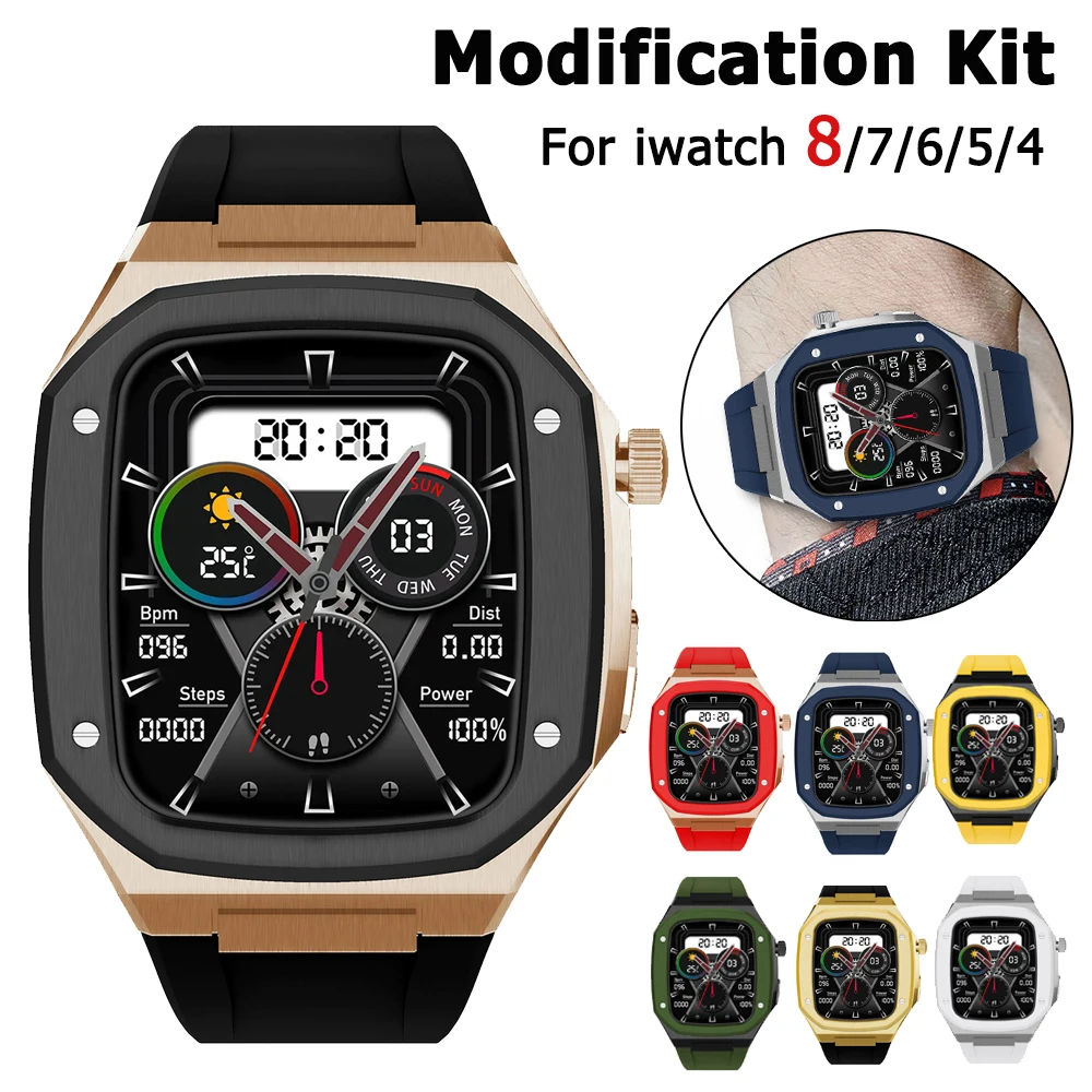 Luxury Metal Case for Apple Watch Band Modification Mod Kit 44mm 45mm Men Rugged Bezel Silicone Strap iWatch Series 8 7 6 5 4 SE