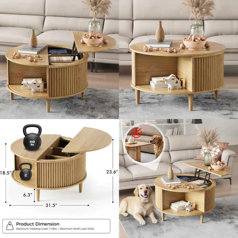 

Mid-Century Modern Fluted Lift-Top Coffee Table with Storage for Living Room, 31.5 Center Table