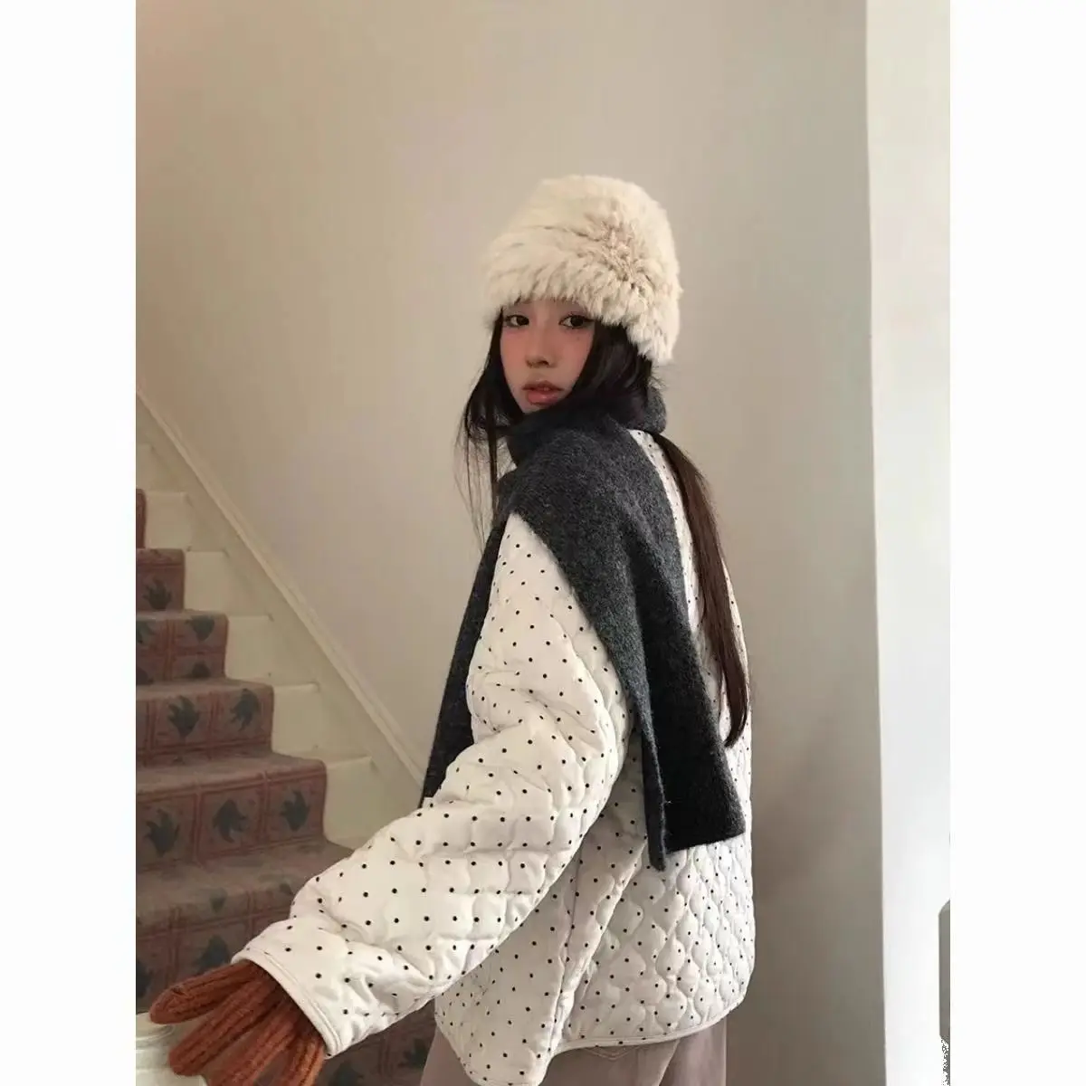 Korean Contrasting Color Polka Dot Cotton Clothes Autumn and Winter Loose Warm Personalized Corduroy Jacket Women's Clothing