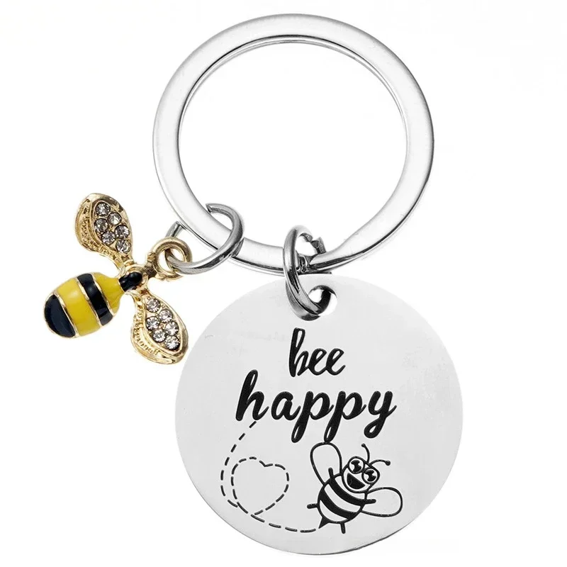 

Cute Cartoon Bee Key Holder Funny "bee happy" English Word High Quality Stainless Steel Keychain Small Present