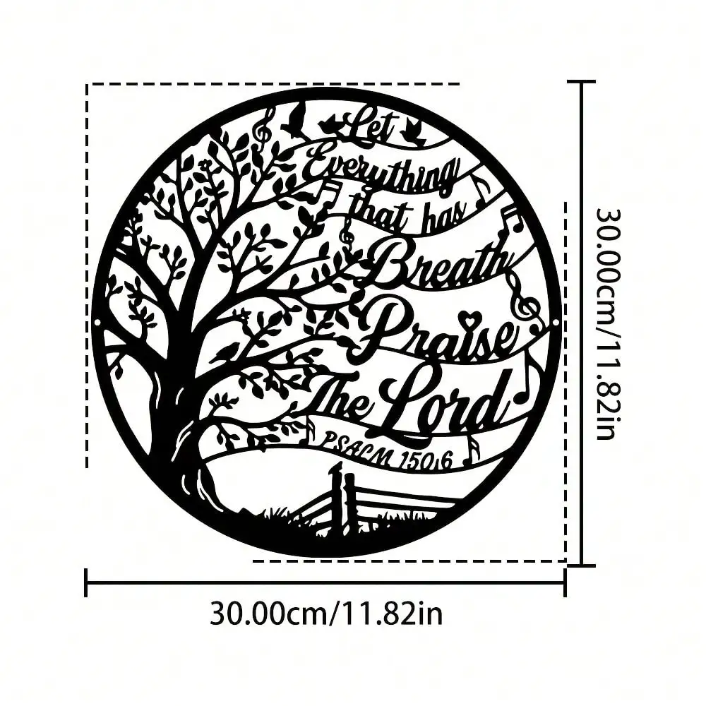 Psalm 150:6 Metal Wall Art,2D Flat Laser‑Cut Silhouette,Cast‑Iron Circle Of Life Tree With Bible Verse Decor,Black & White