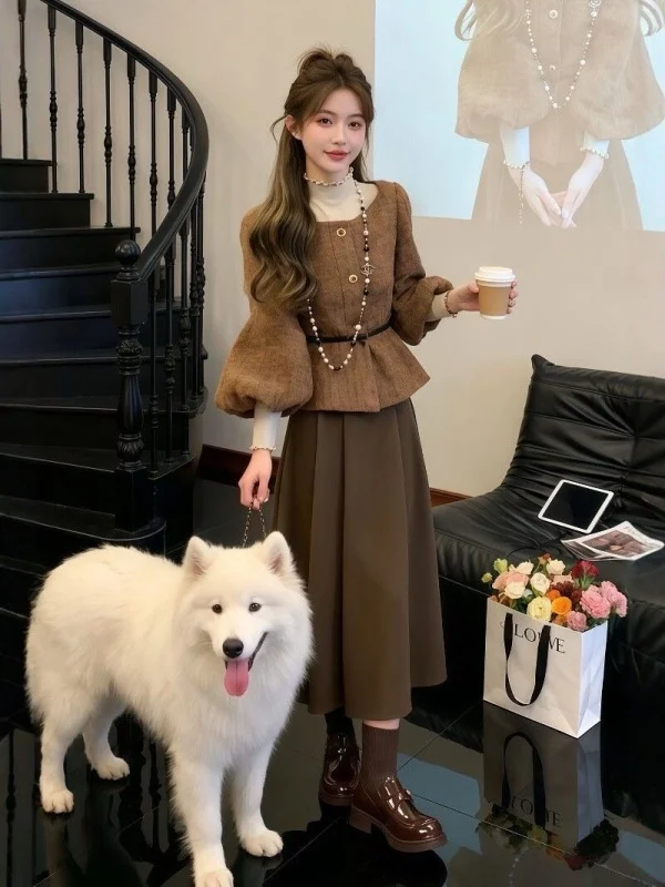 Fashionable Lantern Sleeve Top And Skirt Set Women's Autumn 2026 Slimming Style Two-Piece Suit Long Sleeve Polyester Fiber