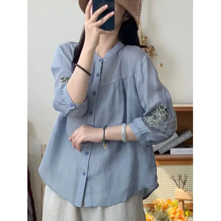 Été lourd broderie coton lin irt ventre ample couvrant sept quarts Sve dames Faion simple bouton mince irt