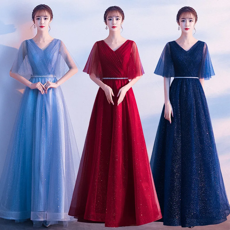

Wine Red Pleated V-Neck A-Line Bridesmaid Dress Sheer Tulle Flutter Sleeve Floor-Length Formal Gown With Rhinestone Waist Sash