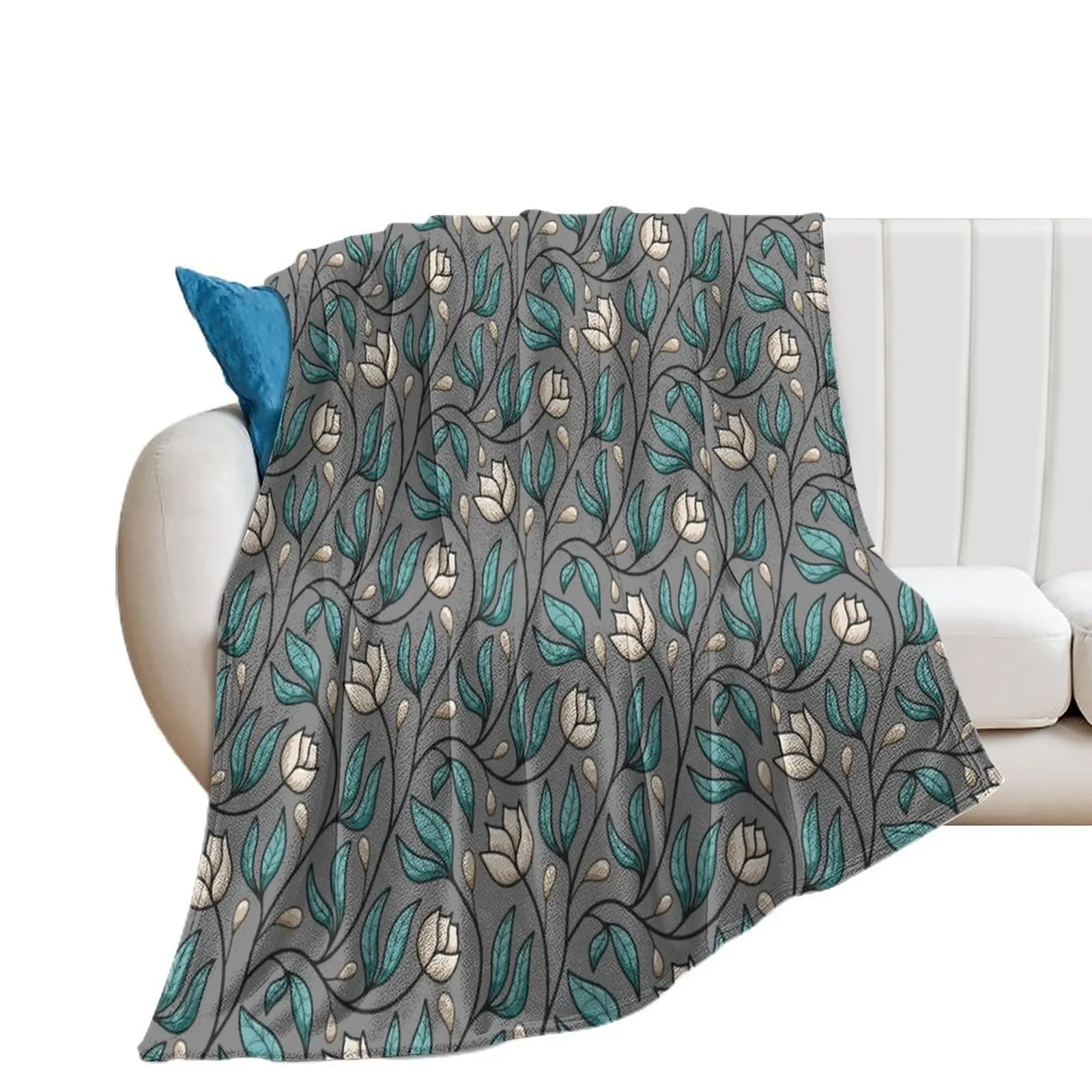 

Roses floral vine, flowers, leaves and berries pattern in cream, teal and grey Throw Blanket Thin Sofa Throw Blankets