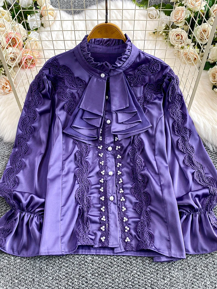 

Женская осенняя рубашка с вышивкой, промышленная атласная блузка с кружевным воротником-стойкой, устойчивая к морщинам, женский топ BL259