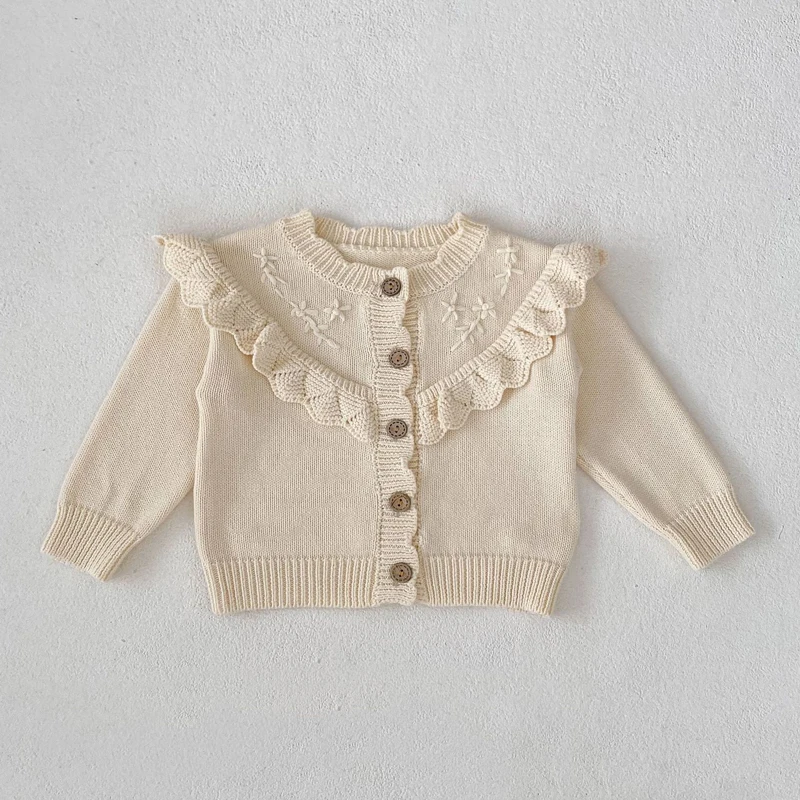 Autumn new 0-3 year old baby clothing for girls, hand embroidered ruffle edge knitted jacket, cotton yarn sweater cardigan