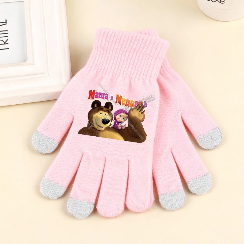 Mashas and The Bears Knit Gloves Cartoon Pink Screen Gloved Fashion Winter Warm Accessories Kawaii Anime Partern Glove Kids Gift