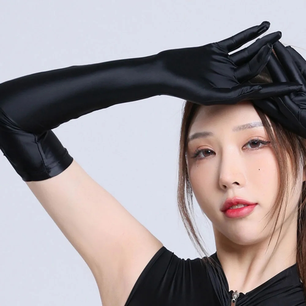 Elasticity Oil Shiny Smooth Sexy Sheer See Through Women Long Gloves Night Club Party Cosplay Luxury Candy Color Sun Protection