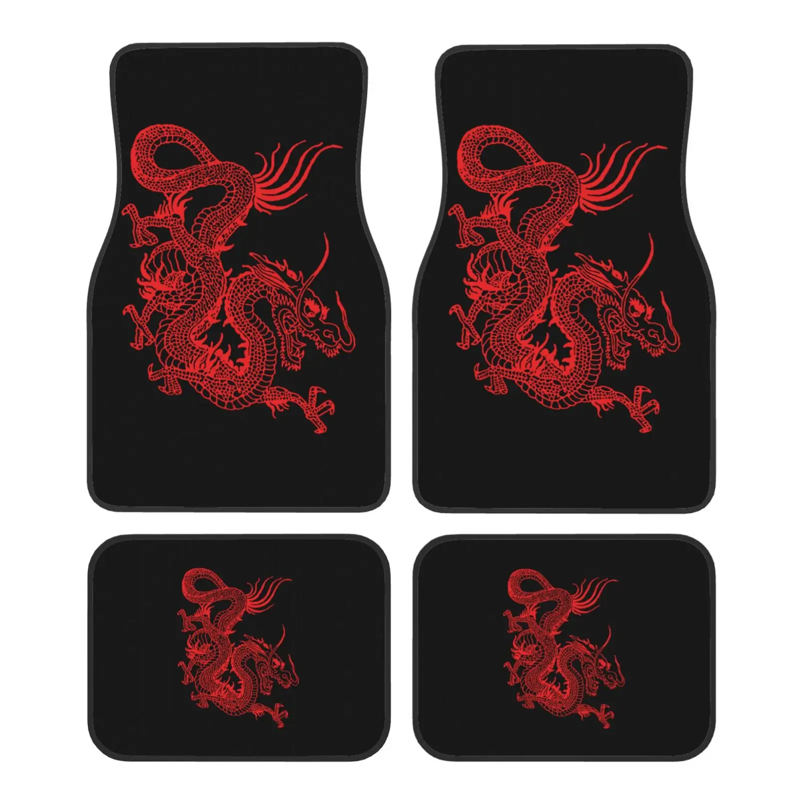 Chinese Dragon Red Print Car Floor Mats Non-Slip Carpets Rugs Front & Rear Car Foot Mats Set of 4 Pieces Auto Accessories Decor