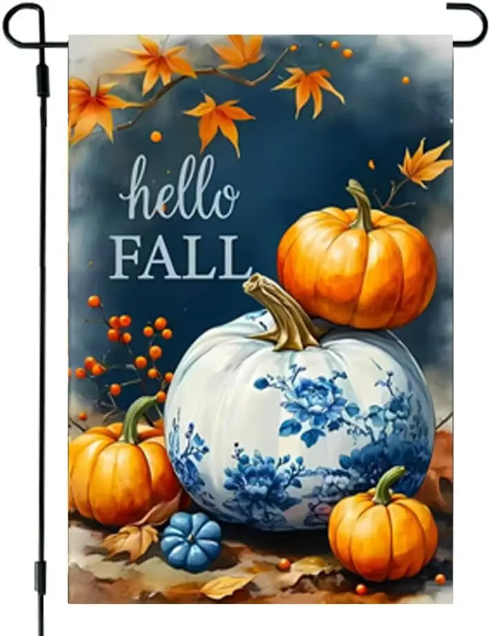 Hello Fall Garden Flag 12x18 Double Sided Burlap, Seasonal Autumn Blue Pumpkin Garden Flags Fall Decorations for Home Outside Po