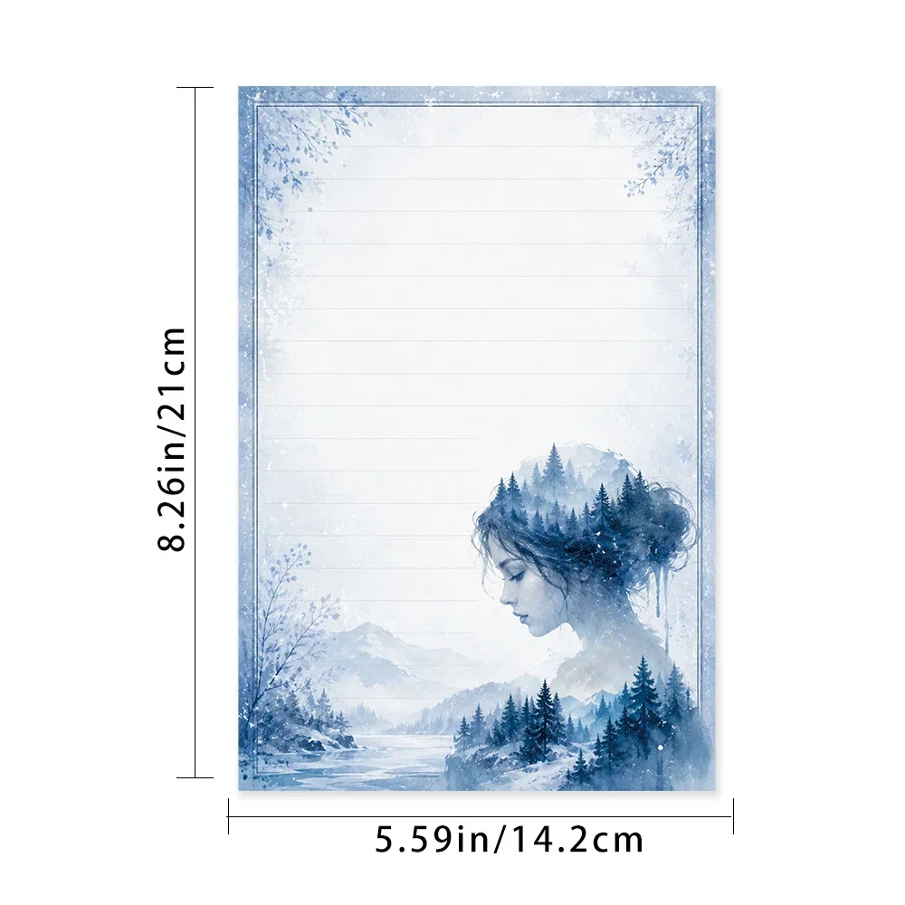 50 Sheets,  Morandi Blue Winter Forest Girlthemed Writing Paper, Lined, Gluefree, Perfect for Notebooks, Memos, and Stickers