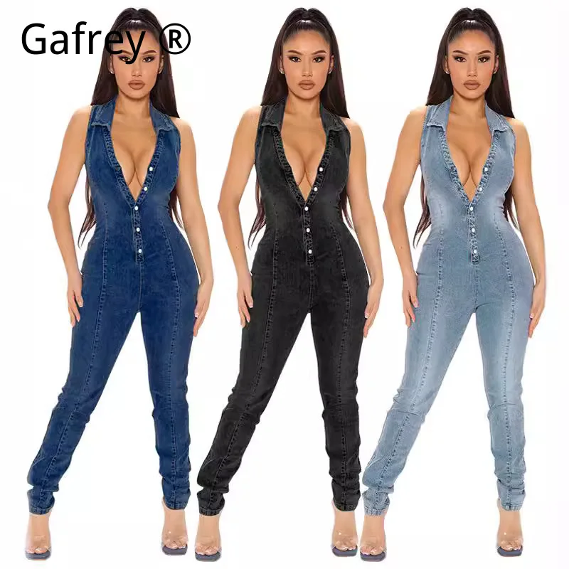 

Women's Summer New Sleeveless Open Front Washed Denim Jumpsuit Fashion High Waist Jean Romper Streetwear Playsuit