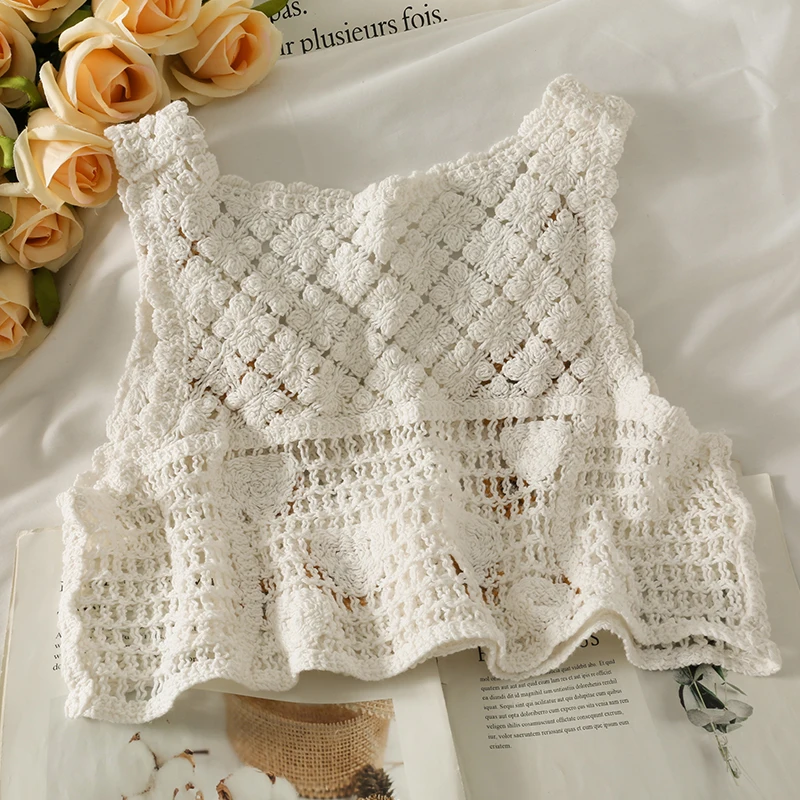 Embroidery Floral Crochet Vest for Women Button Front Sleeveless Jacket Crop Cardigan Tanks Summer Fairycore Cottagecore Outfit