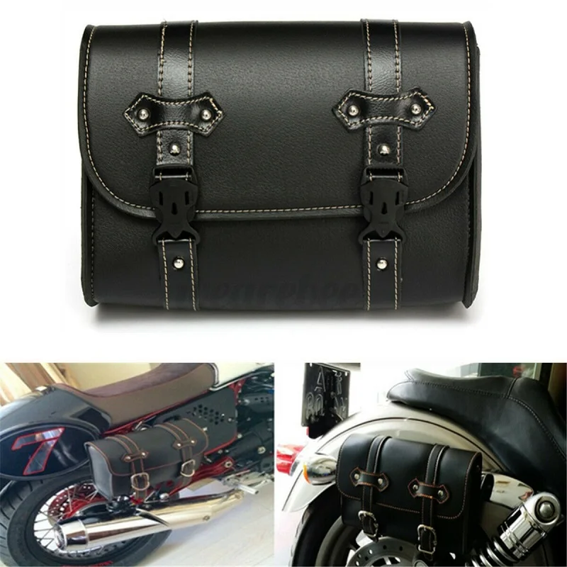 

Motorcycle Black PU Leather Side Saddlebag Waterproof Luggage Storage Tool Pouch Saddle Bag with Two Mounting Straps Accessories