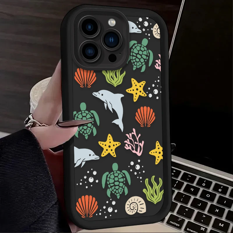 Silicone Shockproof Soft Phone Case for iPhone 15 14 13 12 11 Pro Max XS X XR 8 7 6S 6 Plus SE 2020 Summer Cartoon Turtle Cover