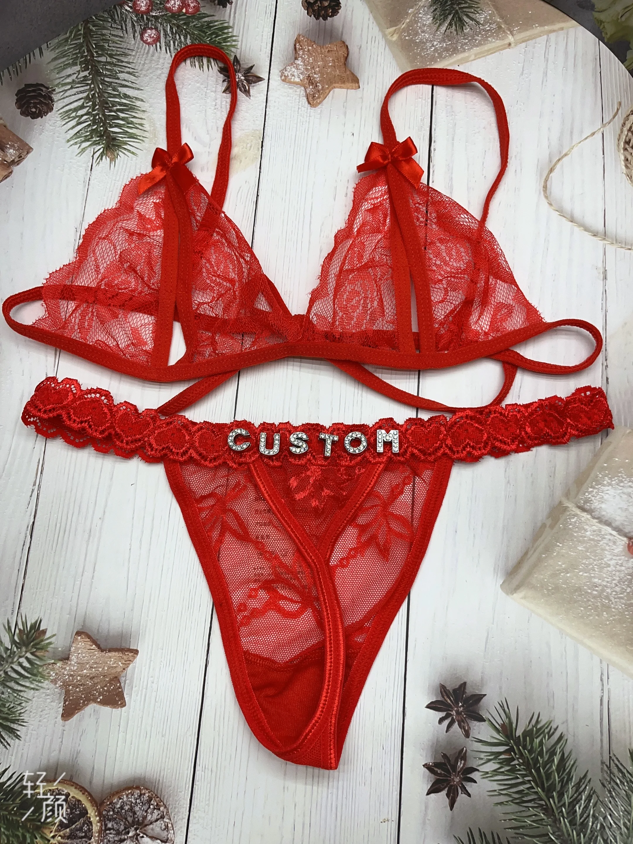 

Custom Lingerie Thong With Name Bikinis Sets For Women Sexy Bra G-string Crystal Letters Valentine's Day Gift Underwear Outfit