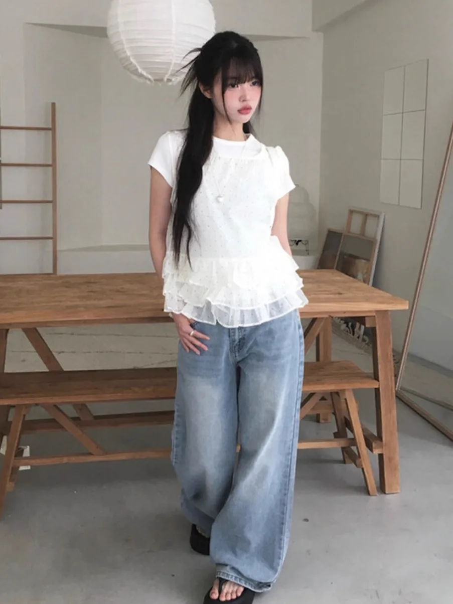 韓国風スイートポルカドット柄蝶ネクタイフリルスウェットTシャツ無地トップスデニムスカート付きレディースサマーウェア