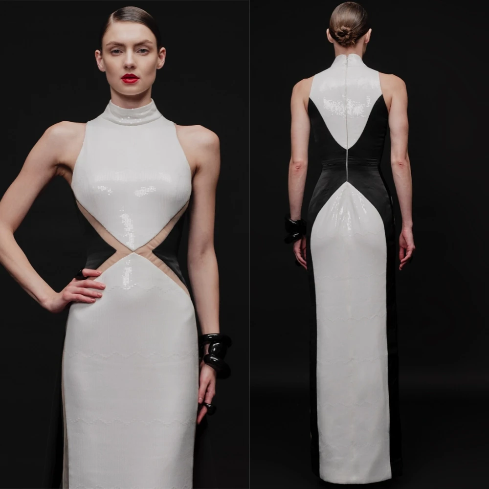 

Customized Formal Jersey Contrast Color Evening Dress Classic High Collar Prom Dresses Fashion Sleeveless Special Occasion Gowns
