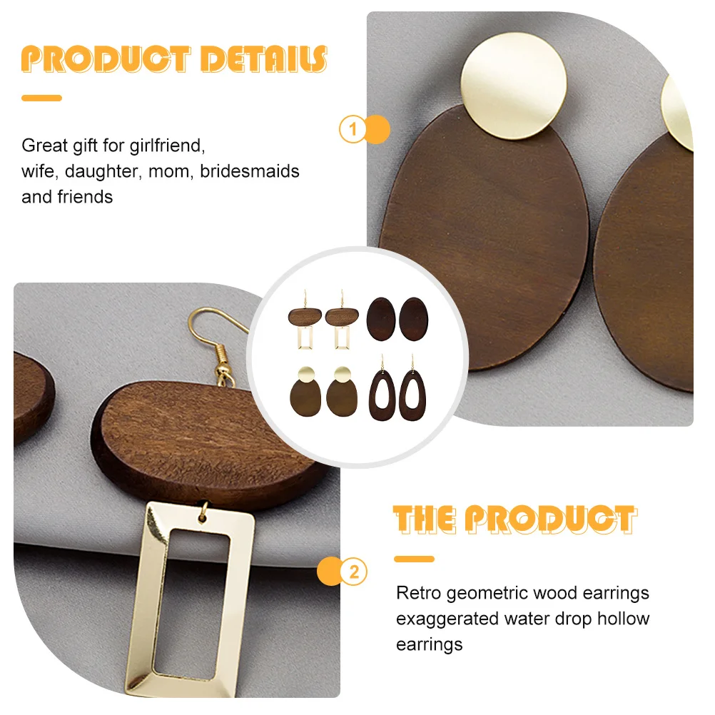 

4Pairs Vintage Wooden Earrings for Women Dangle Stylish Lightweight Drop Ear Jewelry Daily Wear Gifts Wooden Earrings for Women