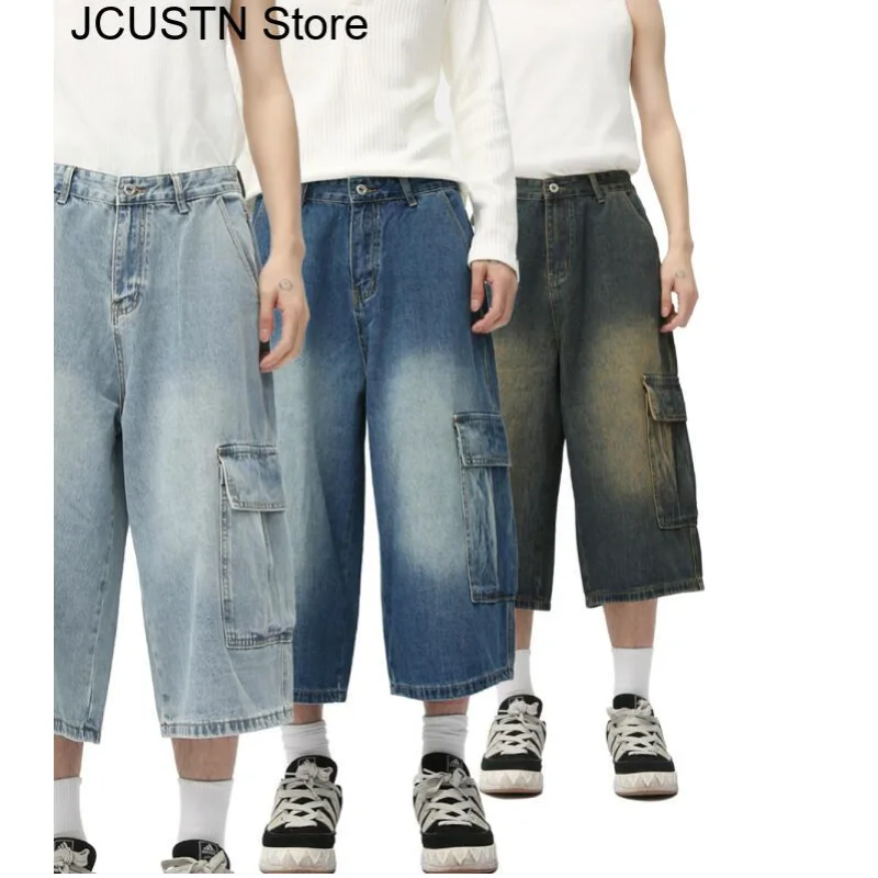 Summer New Elastic Vintage Multi-Pocket Tool Denim Shorts Loose Men's Plus Size Jeans Elastic Comfortable Breathable Short Pants