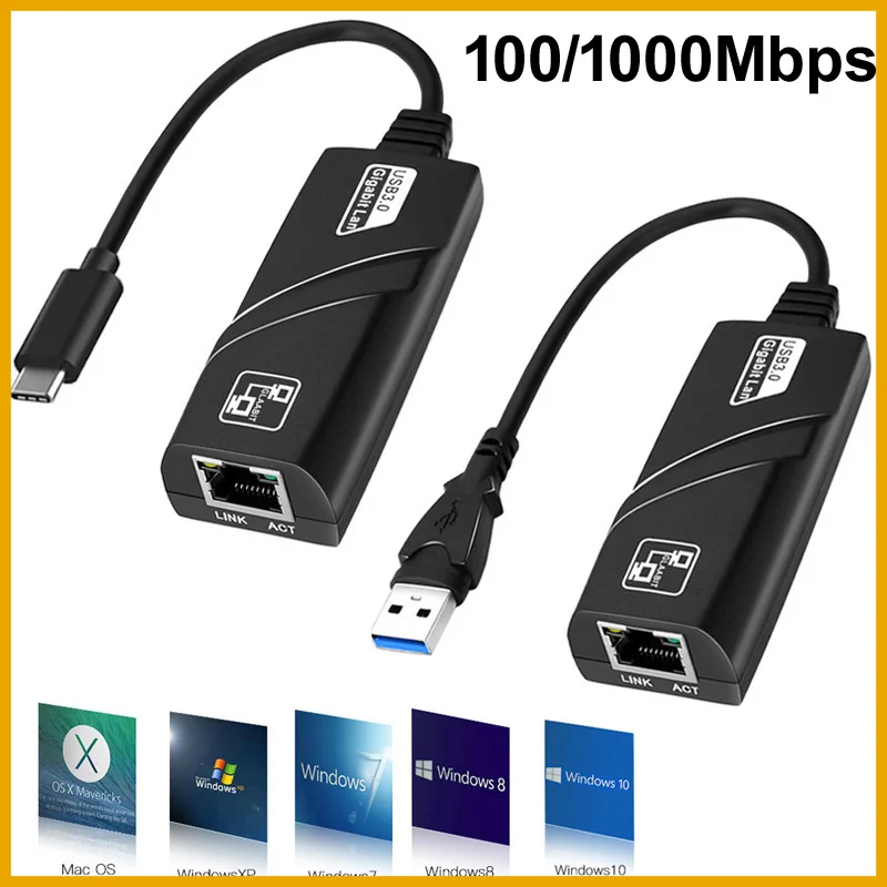NEW 10/100/1000Mbps USB 3.0 Wired Network Card USB to RJ45 Type C to RJ45 LAN Ethernet Adapter for PC Macbook Windows Laptop