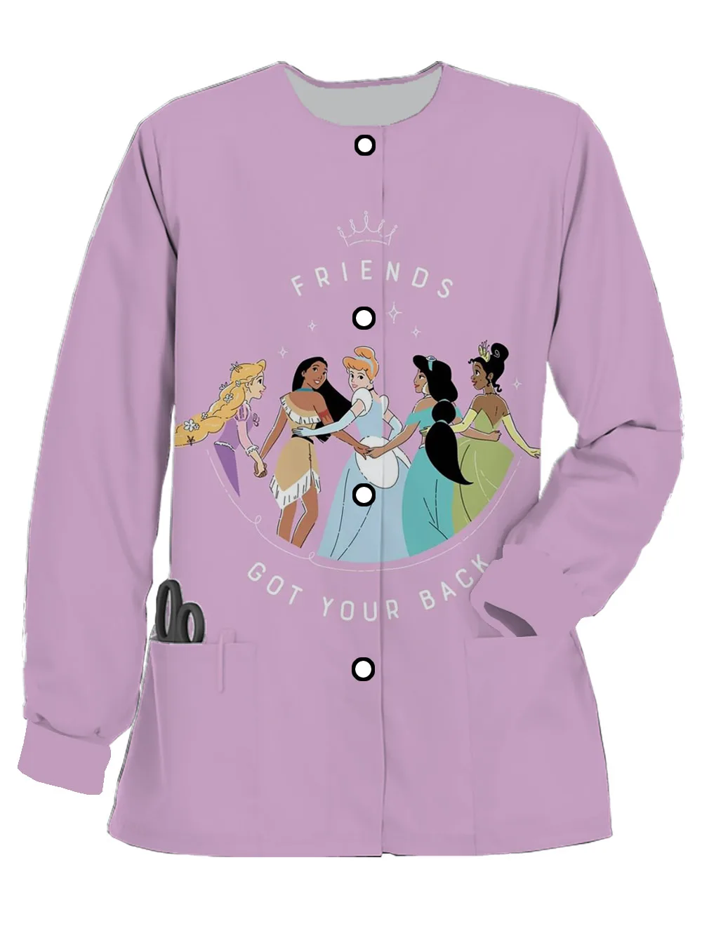 2024 Spring and Autumn Women's Long Sleeve Frosted Pocket Nurse Uniform Disney Cinderella Printed Doctor Work Uniform Jacket