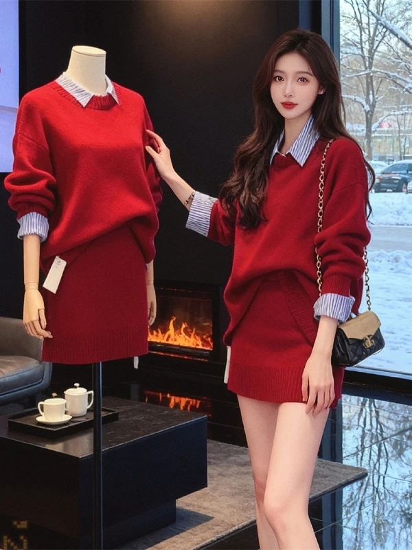 

Korean Style Detachable Shirt Collar Knitted Sweater High Waist Short Skirt Set Women's Fashion Slimming Fake Two-Piece Outfit