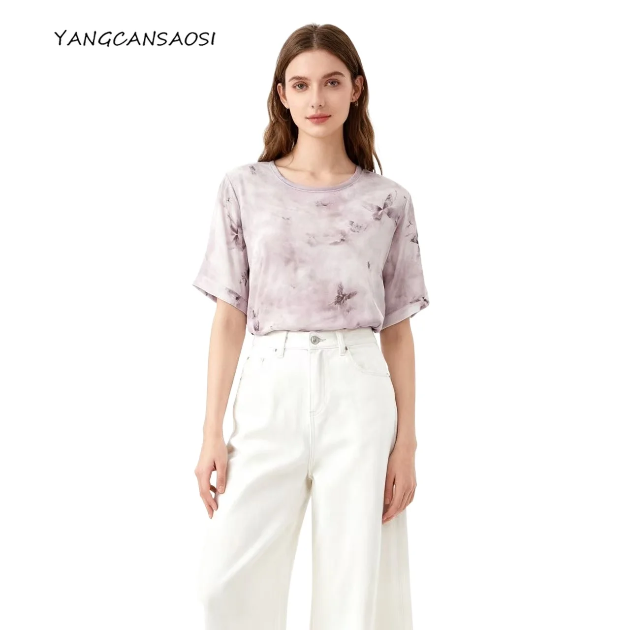 

Summer 93% Natural Mulberry Silk Elastic Double Qiao Satin Round Neck Versatile Short Sleeved Casual Butterfly Print T-shirt