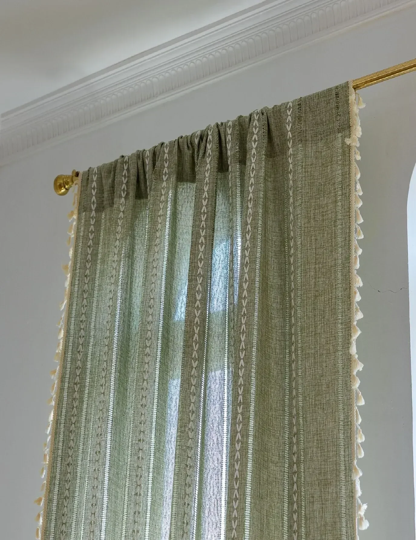 Boho Curtains for Bedroom Living Room,Semi-Blackout French Country Linen Embroidery Vintage Chic Tassels Hollow Bohemian Curtain
